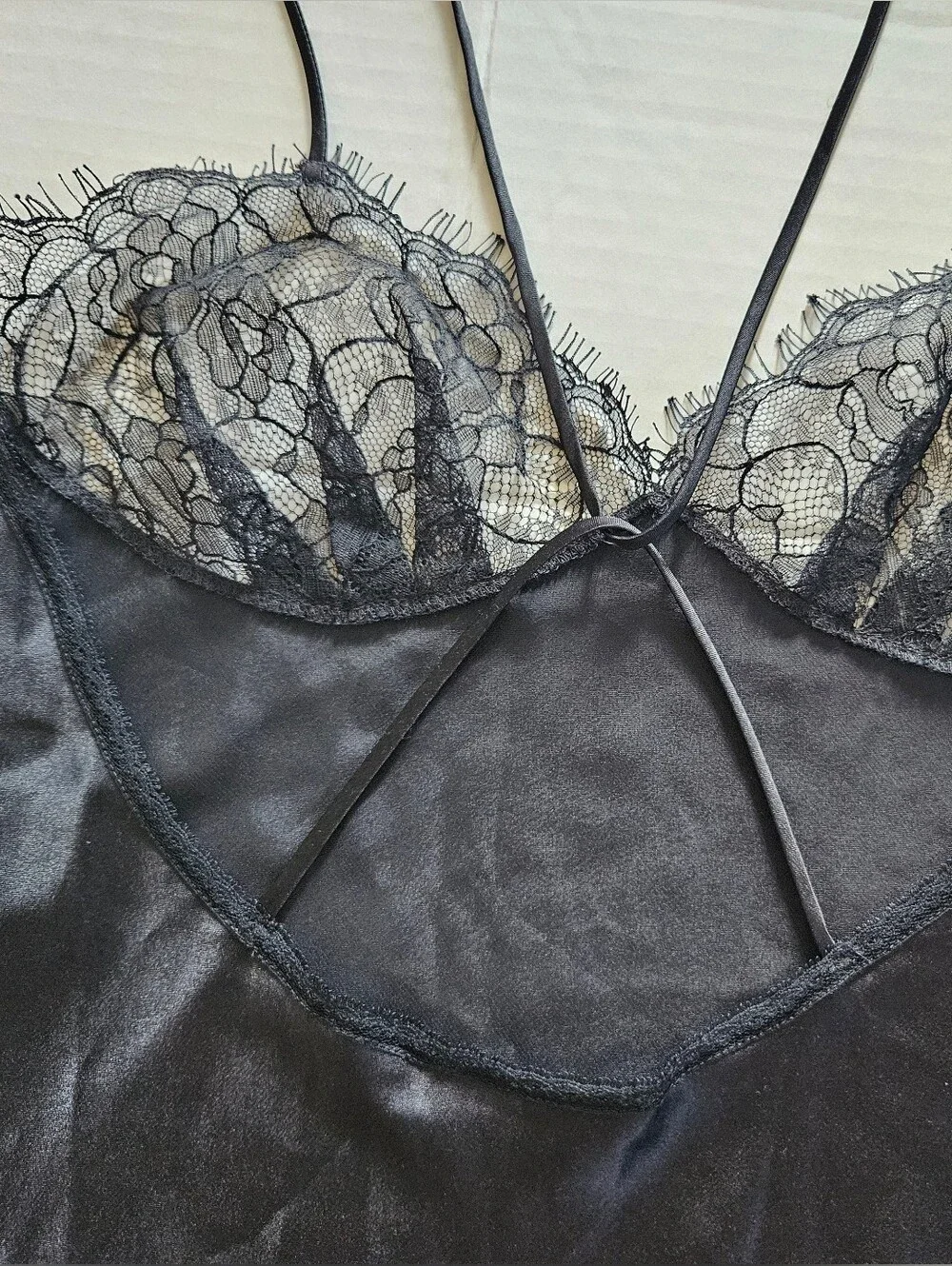 Vintage 90s Jessica Lynn Black Satin Lace Strappy Maxi Nightgown S